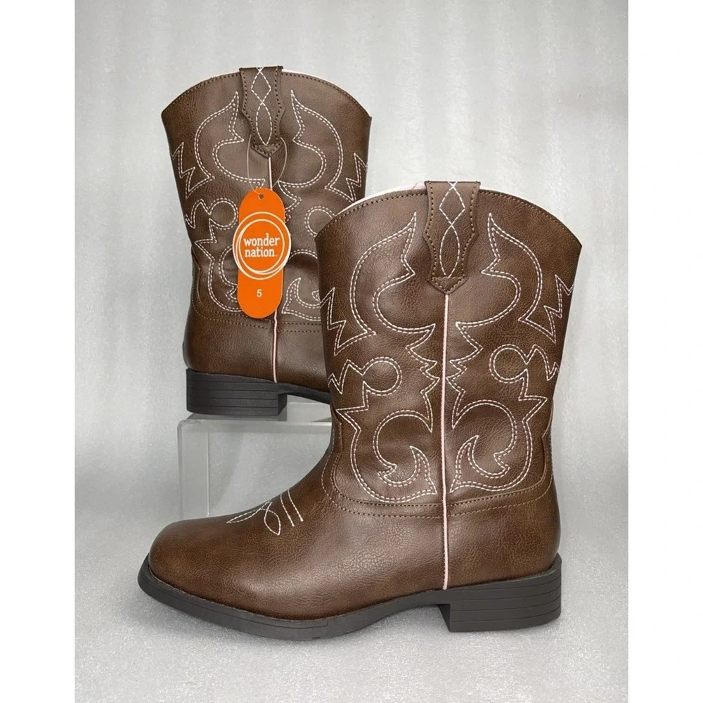 Wonder Nation Brown Pull-on Square Toe Cowboy Cowgirl Boots Big Girls Size 5